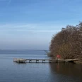Badeinsel.jpeg Ein hölzerner Steg mit Rettungsring erstreckt sich in einen ruhigen See, umgeben von kahlen Bäumen.