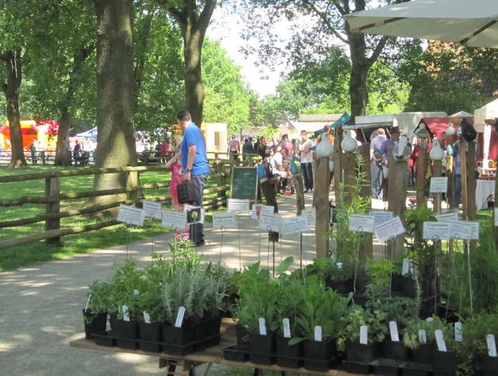 Zu sehen ist ein lebendiger Ostermarkt mit Pflanzen, Ständen und Besuchern auf dem Museumshof in Rahden.