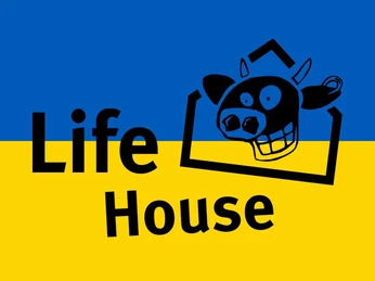 Life House Stemwede Logo des Life House Stemwede vor blau-gelbem Hintergrund, mit stilisierter Kuh und Schriftzug.