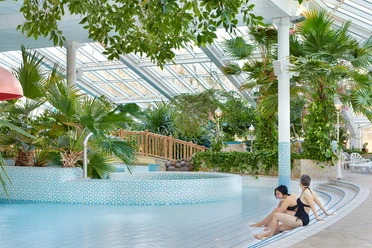 Two people in swimwear sit at the edge of an indoor pool, surrounded by tropical plants and a glass roof that lets in natural light.