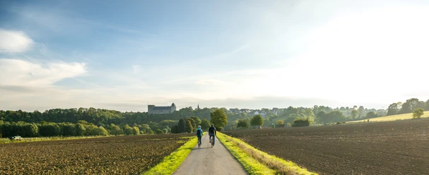 Bueren-Kreismuseum Wewelsburg-Teutoburger-Wald-Tourismus-D-Ketz-007-CC-BY-SA.jpg Blick auf drei Radfahrer auf einem ländlichen Weg, umgeben von Feldern und Bäumen, mit Burg im Hintergrund.
