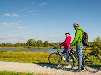 <p>Ein Paar auf Rädern genießt einen sonnigen Tag an einem See mit blühender Natur im Hintergrund.</p>