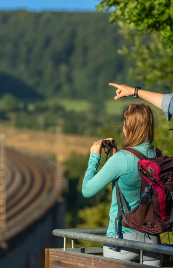 Ein Mann und eine Frau schauen mit dem Fernglas auf die Schienen des Viadukts in Altenbeken