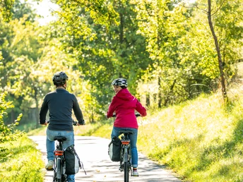Brakel-Bibel-Pfahl Bellersen-Teutoburger-Wald-Tourismus-D-Ketz-041.jpg Blick von hinten auf zwei Fahrradfahrer am Bibel Pfahl in Brakel