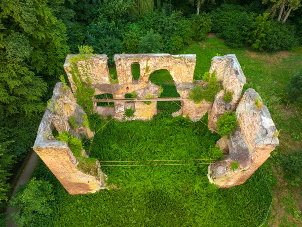 Luftaufnahme einer überwucherten, rechteckigen Burgruine mit teils erhaltenen, fensterlosen Mauern.