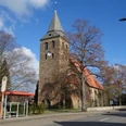 Backsteinkirche mit spitzem Turm und rotem Dach, umgeben von kahlen Bäumen und blauen Himmel.