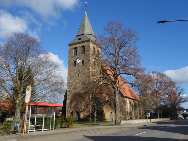 Alsweder Kirche Backsteinkirche mit spitzem Turm und rotem Dach, umgeben von kahlen Bäumen und blauen Himmel.