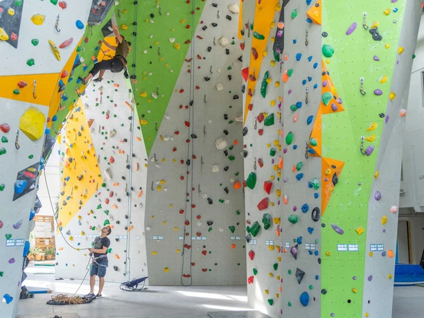 Climbing hall with colorful climbing walls; one person climbs while another belays. Bright, lively atmosphere.