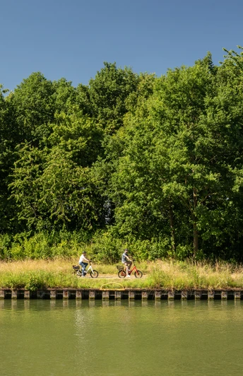 Zwei Radfahrer fahren entlang eines grünen Flussufers unter klarem, blauem Himmel in Preußisch Oldendorf.