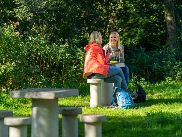 Steinhagen-Buergerpark-Teutoburger-Wald-Tourismus-Patrick-Gawandtka-022.jpg Zwei Frauen sitzen im Grünen auf Betonbänken, umgeben von Bäumen und Sonnenlicht.