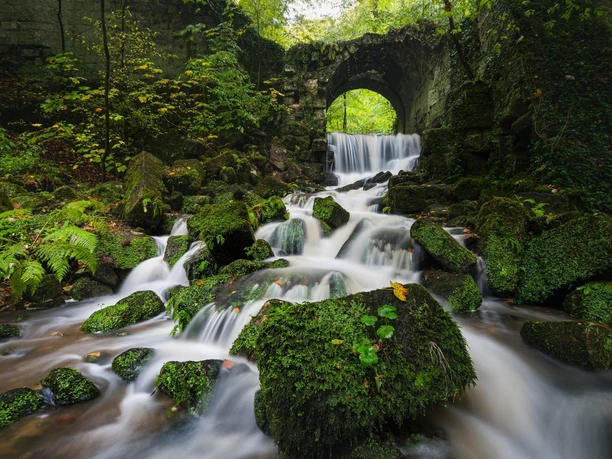 A small waterfall flows over moss-covered stones under an old stone bridge in a green, wooded area.
