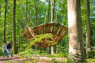 Nieheim-Nieheimer Kunstpfad Holzhausen-Teutoburger-Wald-Tourismus-D-Ketz-026.jpg Zwei Personen betrachten eine große hölzerne Hängeskulptur im Wald bei sonnigem Wetter.
