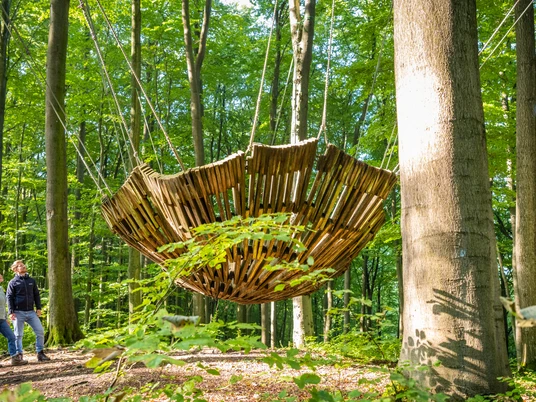 Nieheim-Nieheimer Kunstpfad Holzhausen-Teutoburger-Wald-Tourismus-D-Ketz-026.jpg Zwei Personen betrachten eine große hölzerne Hängeskulptur im Wald bei sonnigem Wetter.