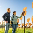 Nieheim-Nieheimer Kunstpfad Holzhausen-Teutoburger-Wald-Tourismus-D-Ketz-003.jpg Mann und Frau stehen auf einer Wiese, umgeben von Metallskulpturen, bei klarem Himmel.