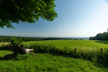 Schlangen-Bauerkamp-Teutoburger-Wald-Tourismus-Patrick-Gawandtka-100-CC-BY-SA.jpg Menschen genießen auf einer Wiese liegend den Panoramablick über eine grüne Landschaft unter blauem Himmel.