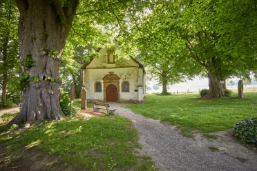 Eine idyllische Kapelle, umgeben von alten Bäumen und saftigem Grün, mit einem einladenden Pfad.