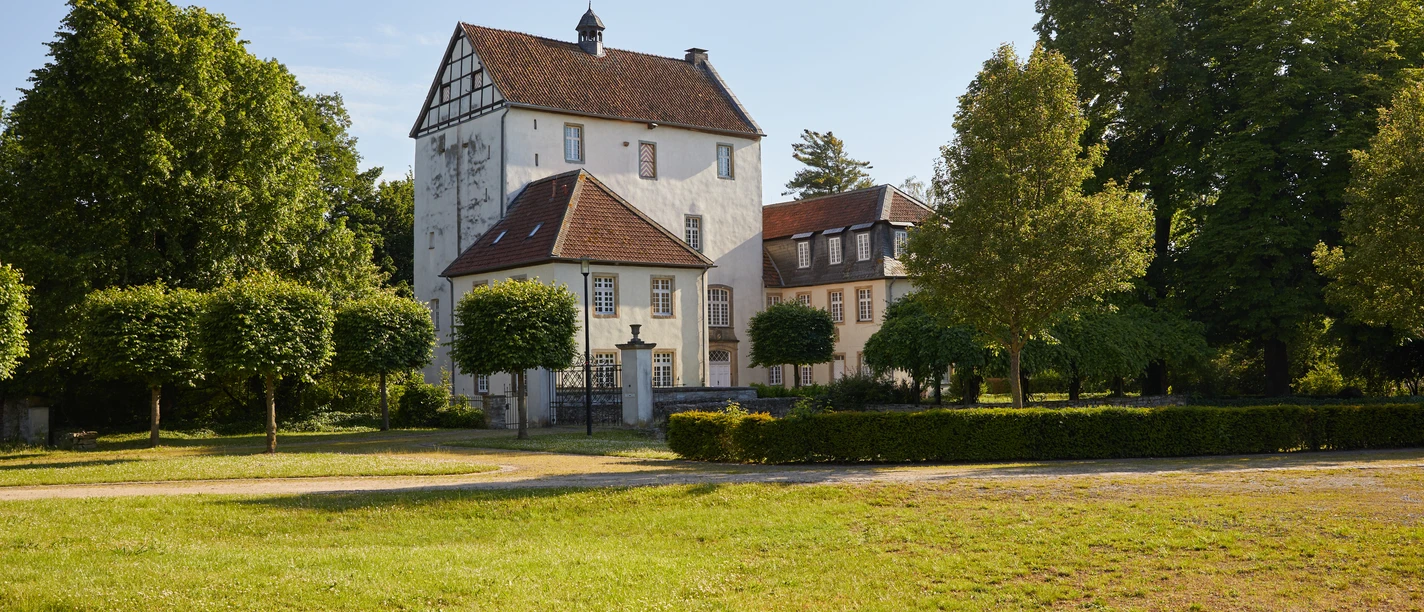 Salzkotten-Burg-Dreckburg-Teutoburger-Wald-Tourismus-T-Evers-003-CC-BY-SA.jpg Ein historisches Herrenhaus mit Fachwerk, umgeben von gepflegtem Rasen und grünen Bäumen im Sonnenschein.