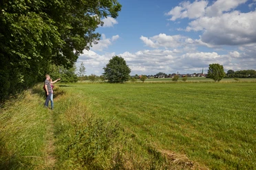 Langenberg-Forthbachweg-Teutoburger-Wald-Tourismus-T-Evers-007.jpg Ein Wanderer zeigt auf eine weite, grüne Wiese unter blauem Himmel mit vereinzelten Bäumen.