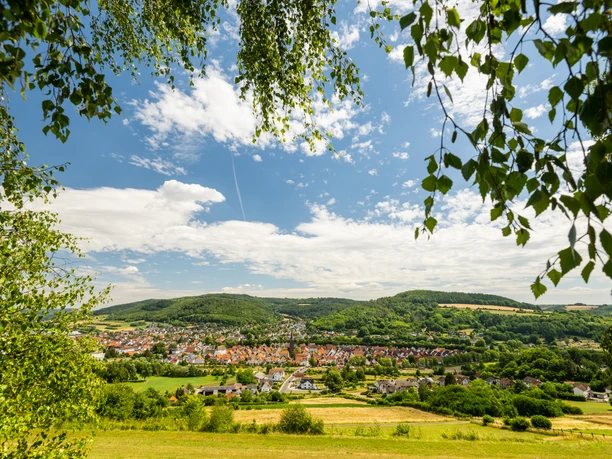 Blick auf ein grünes Tal mit einem charmanten Dorf, umrundet von sanften Hügeln und grünen Bäumen.