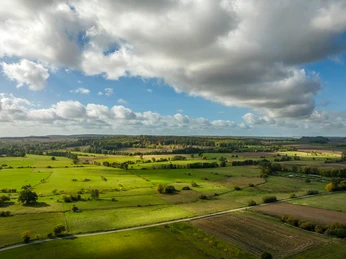 Lichtenau-Wallfahrtsgelände Kleinenberg-Teutoburger-Wald-Tourismus-D-Ketz-047.jpg Luftaufnahme einer weitläufigen, grünen Landschaft mit Feldern, Bäumen und bewölktem Himmel.