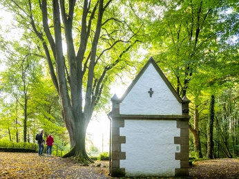 Kleine weiße Kapelle im Wald, große Bäume drumherum; Spaziergänger auf einem Laub bedeckten Weg.