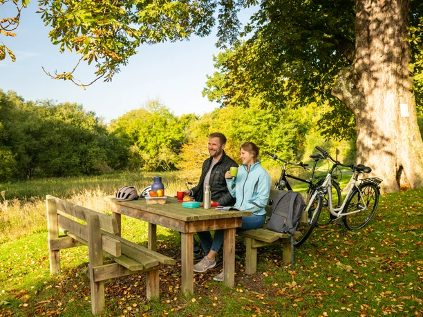 Lichtenau-Annenkapelle-Teutoburger-Wald-Tourismus-D-Ketz-005.jpg Ein Paar genießt eine Pause an einem Picknicktisch unter Bäumen, mit Fahrrädern im Hintergrund.