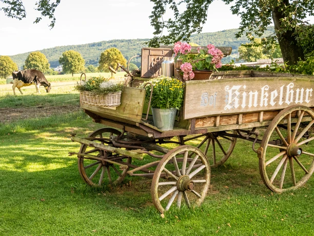 Alter Holzhandwagen mit Blumen, im Hintergrund weidende Kuh und eine malerische Landschaft.