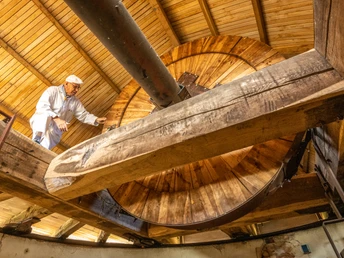 Älterer Müller inspiziert das große Mahlwerk einer historischen Mühle mit Holzdach in Porta Westfalica.