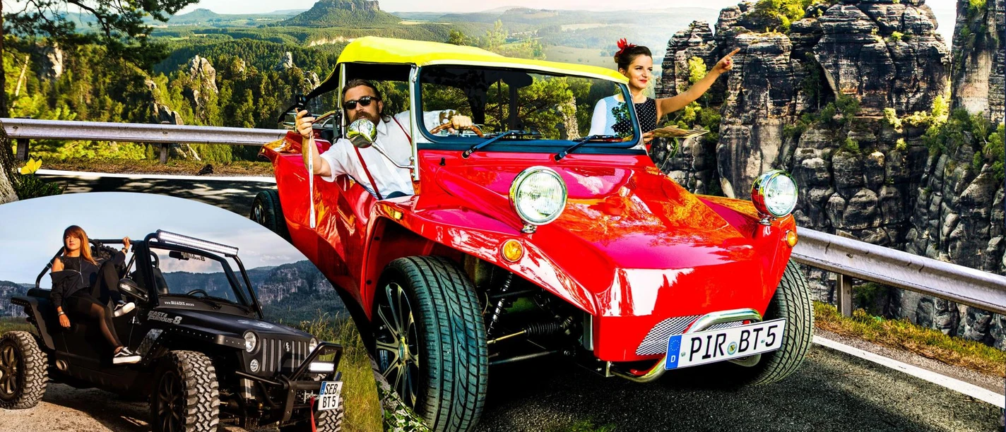 Red convertible with two people on a mountain road, rocks and forest in the background; at the bottom left a black off-road vehicle with one person.
