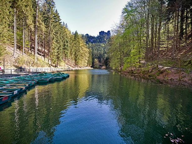 Amselsee Kurort Rathen A tranquil lake with green pedal boats on the shore, surrounded by dense forests and a clear sky, creates a peaceful atmosphere.