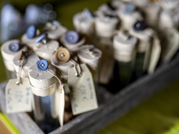 Stoff und Knopf Sabine Ritter Glasfläschchen mit bunten Knöpfen verschlossen, neben Preisschildern arrangiert.