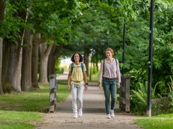 Zwei Frauen spazieren entspannt auf einem von Bäumen gesäumten Weg im Park inmitten grüner Natur.
