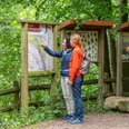 Zwei Personen studieren eine informativen Karte im grünen, waldreichen Umfeld eines Naturparks.