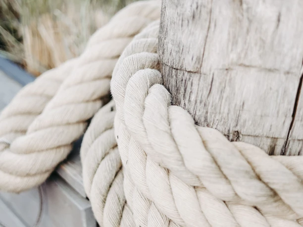 A sturdy, thick cord is tied around a wooden pole, with grasses visible in the background.