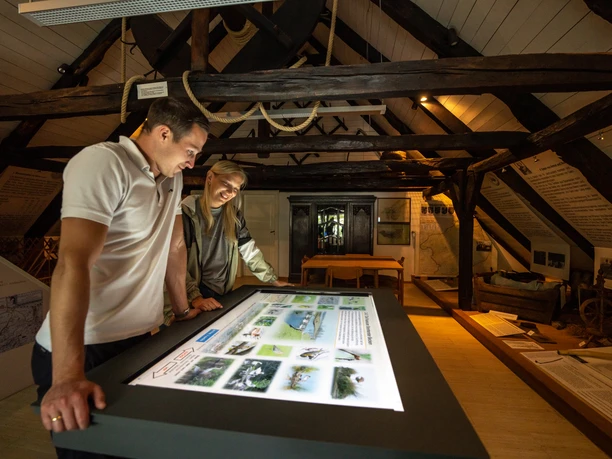Verl-Heimathaus-Teutoburger-Wald-Tourismus-Patrick-Gawandtka-088.jpg Pärchen betrachtet interaktive Ausstellungstafel in rustikalem Dachboden mit Holzbalken und Dokumenten.