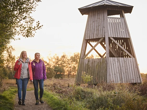 Großes Torfmoor-Teutoburger-Wald-Tourismus-M-Rothbrust-035.jpg Zwei Frauen wandern auf einem Naturpfad neben einem hölzernen Aussichtsturm bei Sonnenuntergang.
