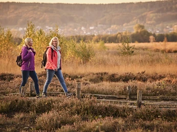 Großes Torfmoor-Teutoburger-Wald-Tourismus-M-Rothbrust-085.jpg Zwei Frauen wandern im Herbst bei Sonnenuntergang durch eine malerische Heidelandschaft.