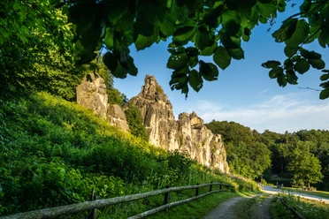 Horn-Bad Meinberg-Externsteine-Teutoburger-Wald-Tourismus-D-Ketz-022-CC-BY-SA.jpg Felsformationen in einer grünen Waldlandschaft, die von einem Kiesweg und Holzzaun gesäumt wird.