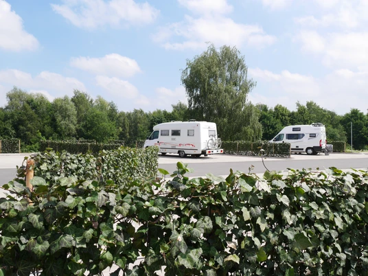 Wohnmobilstellplatz Werrebogen Zwei Wohnmobile parken auf einem von Hecken umgebenen, sonnenbeschienenen Stellplatz.