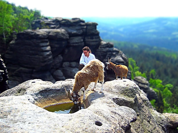 Ziegenwanderung.jpg Ein Mann in weißem Hemd sitzt auf einem Felsen neben zwei Ziegen, die aus einer Wasserstelle trinken, mit einer felsigen Landschaft im Hintergrund.