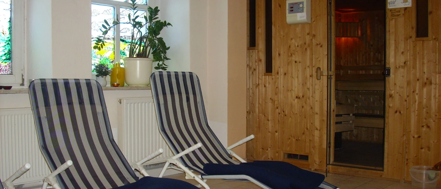 Twee gestreepte ligstoelen met blauwe dekens staan voor een houten wandsauna in een lichte kamer met planten en een raam.