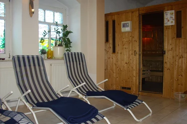 Sauna Rosenthal-Bielatal Zwei gestreifte Liegestühle mit blauen Decken stehen vor einer Holzwandsauna in einem hellen Raum mit Pflanzen und einem Fenster.