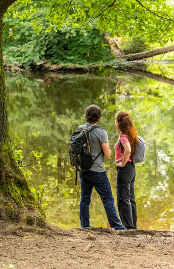 Zwei Wanderer stehen am Ufer eines idyllischen Waldbachs, umgeben von üppigem Grün der Natur.