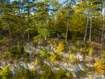 Hoexter-Rabenklippen-Teutoburger-Wald-Tourismus-D-Ketz-108.jpg Eine bewaldete Klippe, auf der ein Paar auf einer Bank sitzt, umgeben von herbstlichen Bäumen.