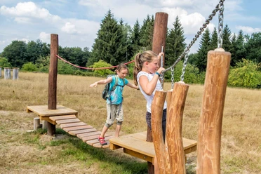 Twee kinderen balanceren op een houten klimparcours buiten, omringd door bomen en een weiland onder een blauwe hemel.