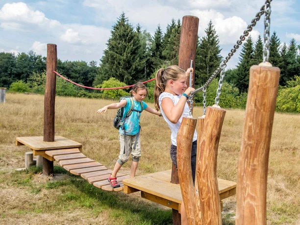 Twee kinderen balanceren op een houten klimparcours buiten, omringd door bomen en een weiland onder een blauwe hemel.