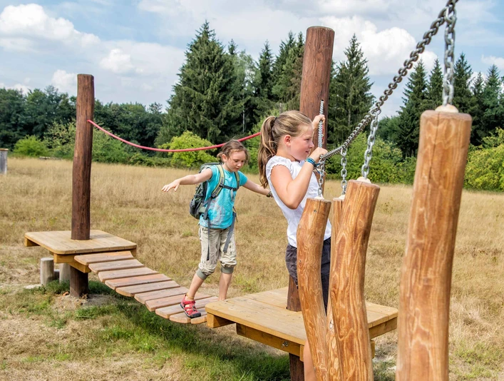 Bildungsstätte Sellnitz Zwei Kinder balancieren auf einem hölzernen Kletterparcours im Freien, umgeben von Bäumen und einer Wiese unter blauem Himmel.Two children balance on a wooden climbing course outdoors, surrounded by trees and a meadow under a blue sky.Dvě děti balancují na dřevěné prolézačce venku, obklopené stromy a loukou pod modrou oblohou.Dwoje dzieci balansuje na drewnianym torze wspinaczkowym na zewnątrz, otoczonym drzewami i łąką pod błękitnym niebem.Twee kinderen balanceren op een houten klimparcours buiten, omringd door bomen en een weiland onder een blauwe hemel.Due bambini in equilibrio su un percorso di arrampicata in legno all'aperto, circondati da alberi e da un prato sotto un cielo azzurro.