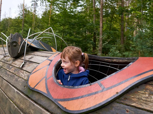 A laughing child in a blue jacket looks out of a wooden play structure designed like an insect in a forest.