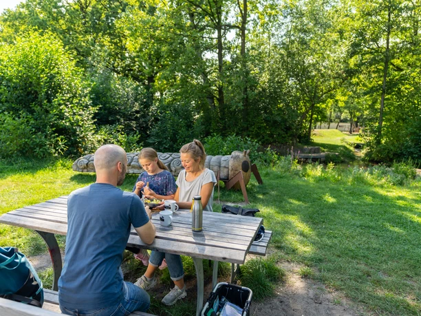 Hoevelhof-Krollbach-Bifurkation-Teutoburger-Wald-Tourismus-Patrick-Gawandtka-104.jpg Familie sitzt an einem Picknicktisch in einem sonnigen Park, umgeben von Bäumen und grünem Gras.