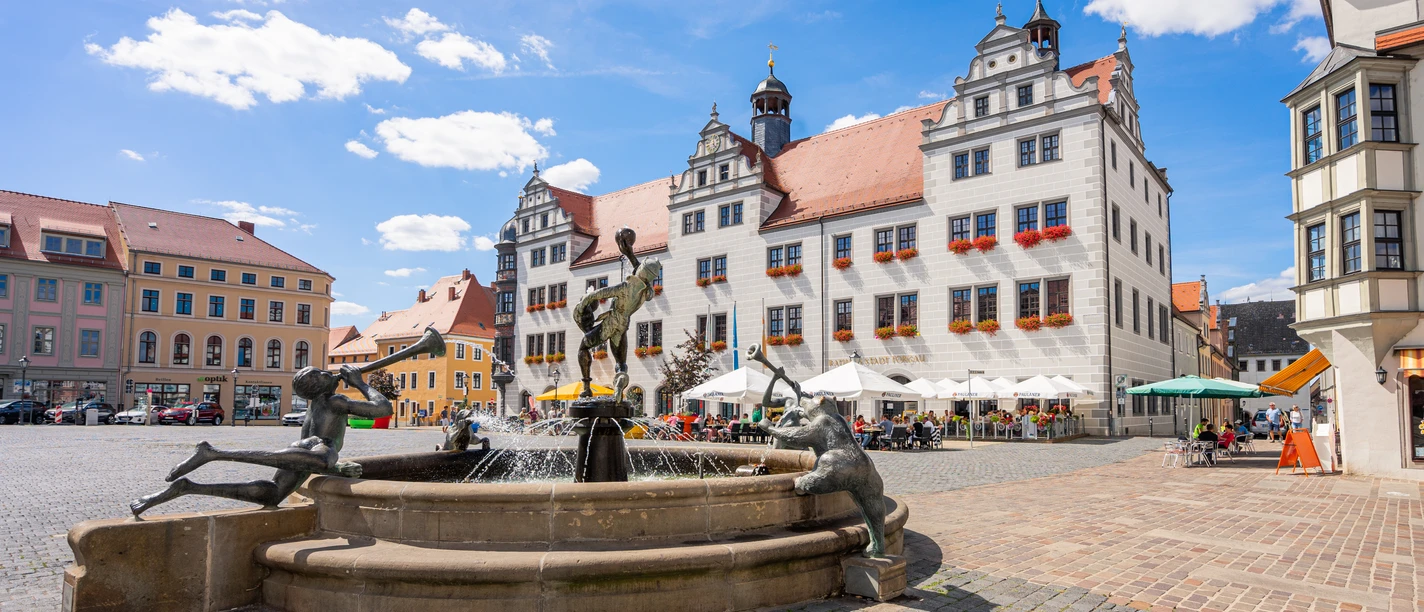 Torgau Markt Brunnen auf dem Marktplatz von Torgau vor historischen Gebäuden bei blauem Himmel.